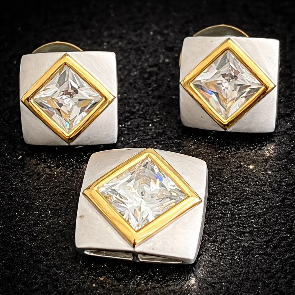 18ct Princess cut bezel brushed silver shiny gold statement earrings pendant set